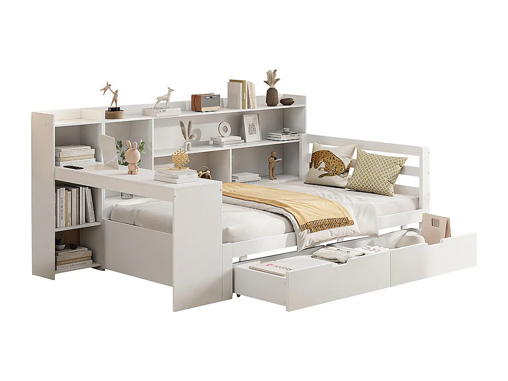 Lit jeune lit 90x200cm lit en bois avec bureau, étagères et prise de courant bois massif blanc