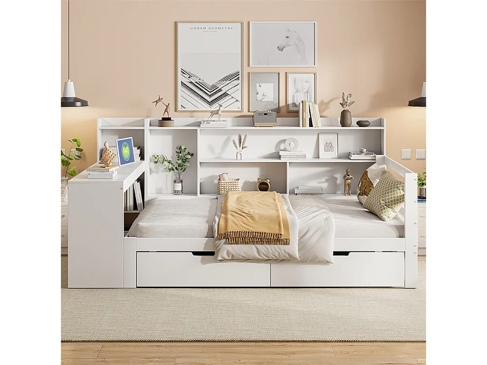 Lit jeune lit 90x200cm lit en bois avec bureau, étagères et prise de courant bois massif blanc