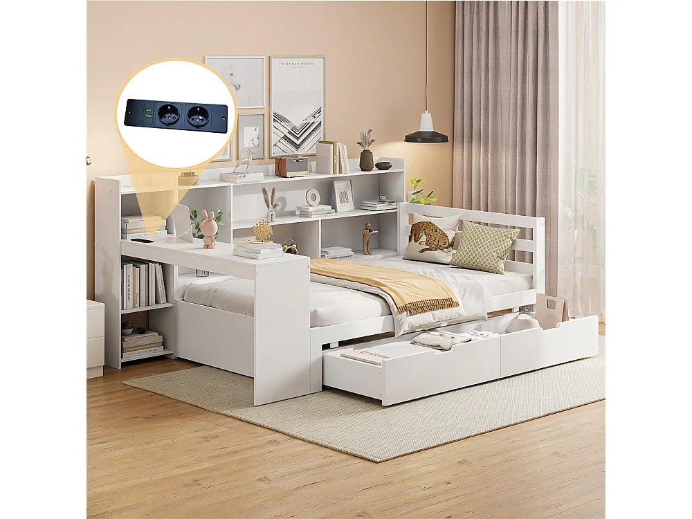 Lit jeune lit 90x200cm lit en bois avec bureau, étagères et prise de courant bois massif blanc