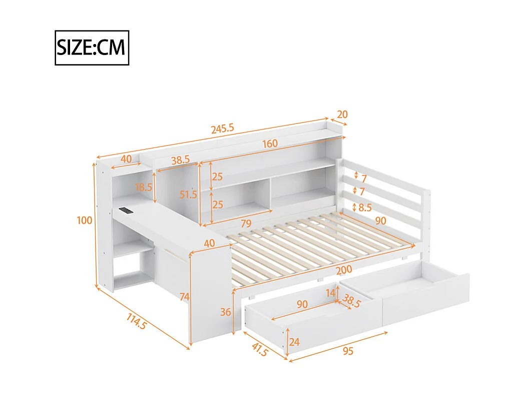 Lit jeune lit 90x200cm lit en bois avec bureau, étagères et prise de courant bois massif blanc