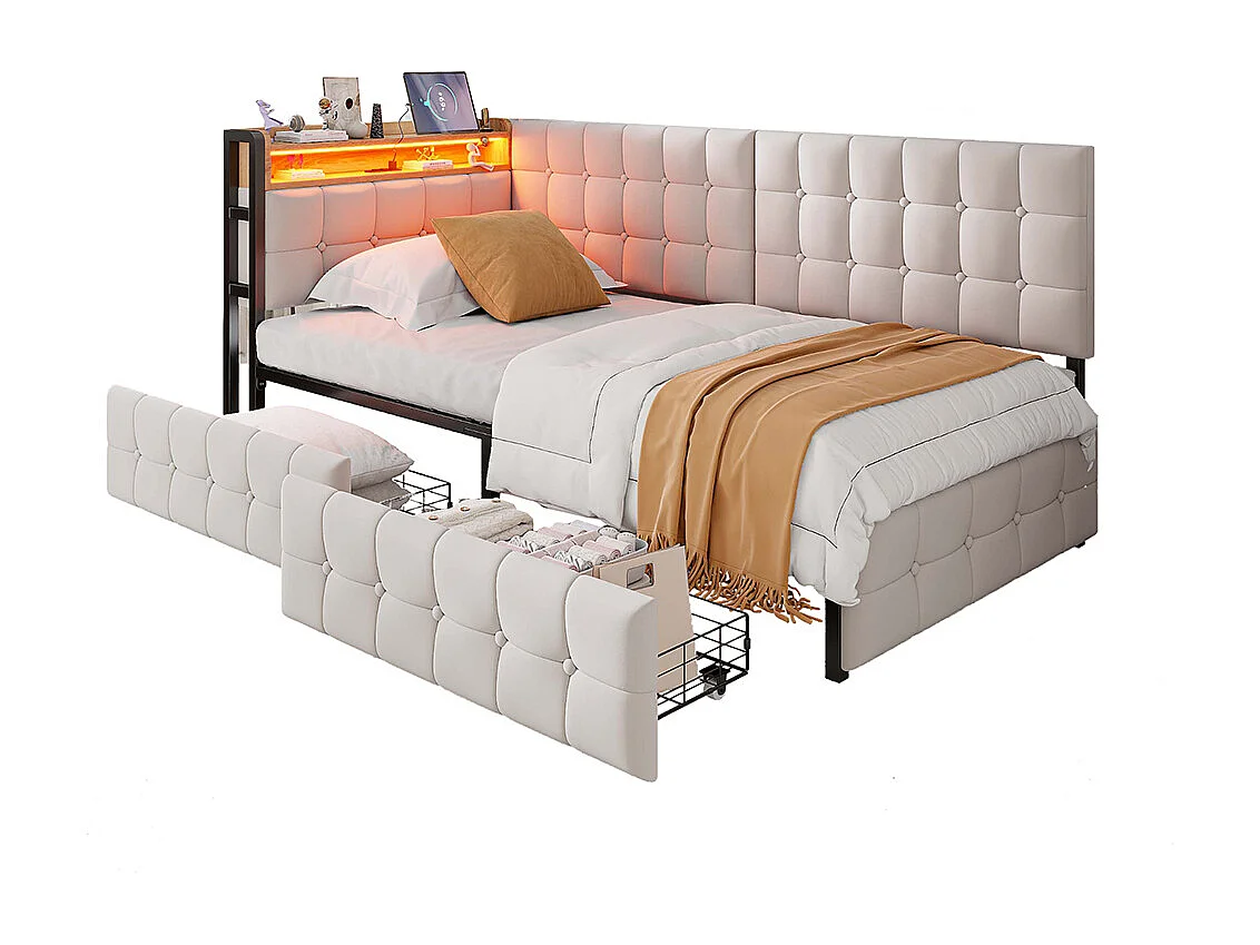 Canapé-lit 90 x 200 cm, lit rembourré avec 2 tiroirs, lit bateau enfant, canapé-lit, lit simple, beige