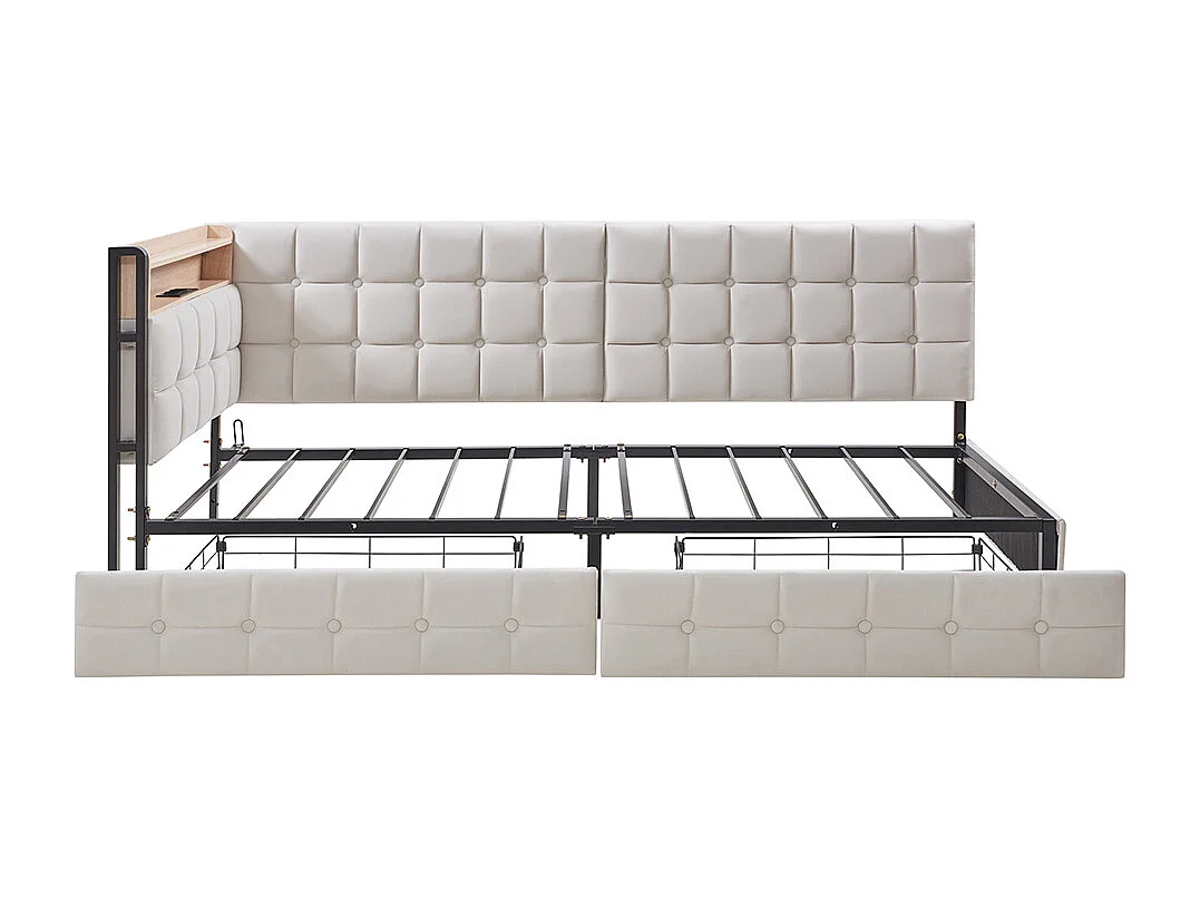 Canapé-lit 90 x 200 cm, lit rembourré avec 2 tiroirs, lit bateau enfant, canapé-lit, lit simple, beige