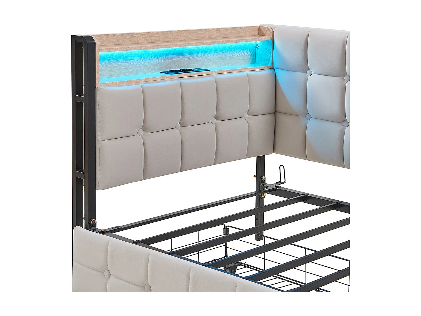 Canapé-lit 90 x 200 cm, lit rembourré avec 2 tiroirs, lit bateau enfant, canapé-lit, lit simple, beige