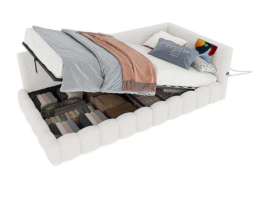 Lit de repos, 90 x 200 cm, canapé-lit, lit avec sommier à lattes, avec barre lumineuse LED, avec mécanisme de levage hydraulique, blanc