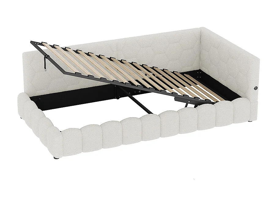 Lit de repos, 90 x 200 cm, canapé-lit, lit avec sommier à lattes, avec barre lumineuse LED, avec mécanisme de levage hydraulique, blanc