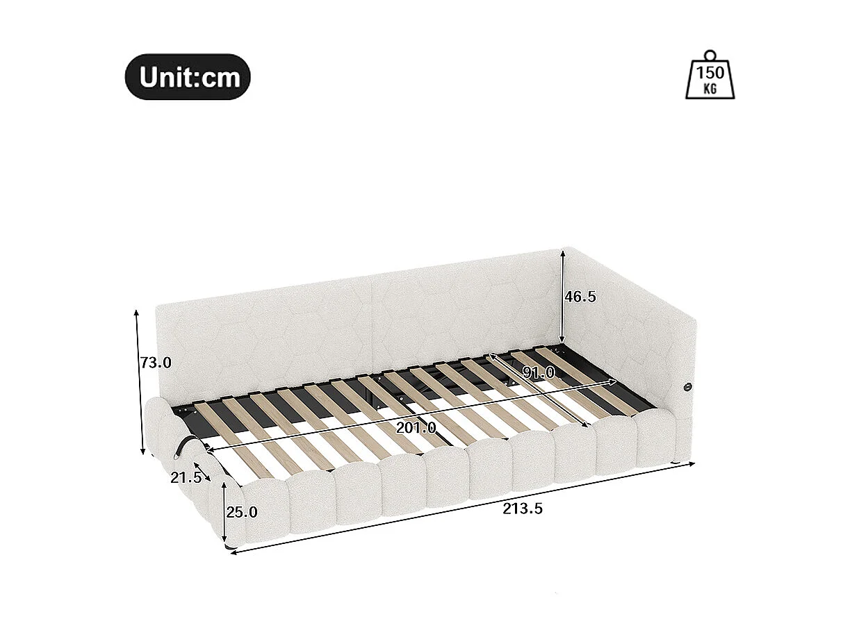 Lit de repos, 90 x 200 cm, canapé-lit, lit avec sommier à lattes, avec barre lumineuse LED, avec mécanisme de levage hydraulique, blanc