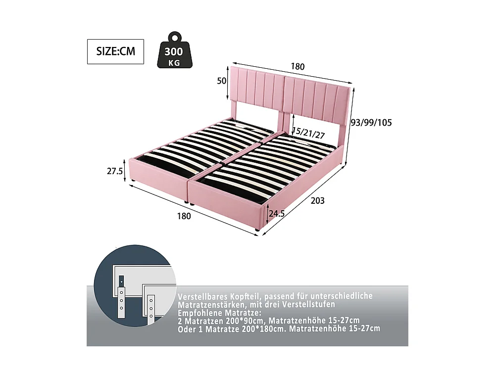 Lit jeune lit 180x200 cm lit de rangement lit rembourré hydraulique lit double lin rose