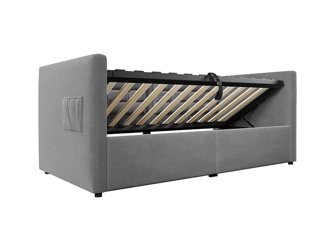 Canapé-lit rembourré 90x200 cm, canapé-lit simple avec espace de rangement hydraulique et station de charge USB & Type-C, gris, sans matelas.