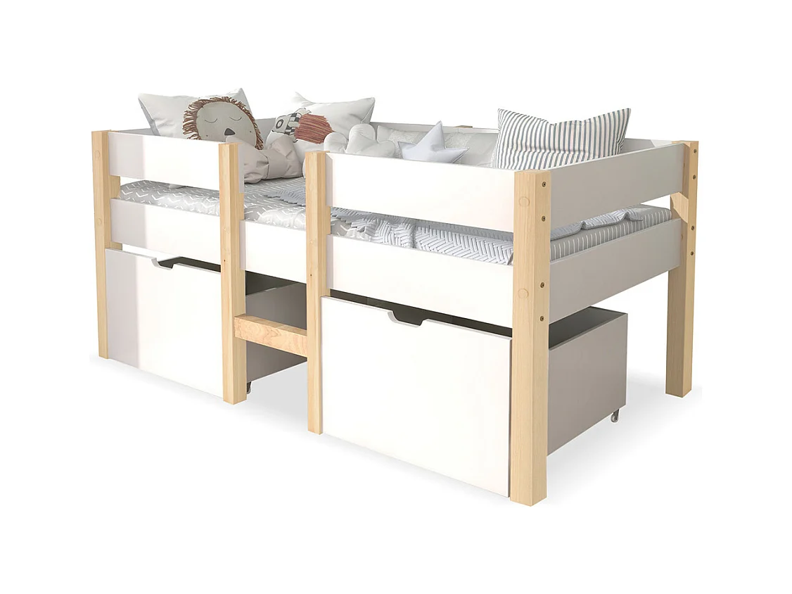 Lit jeune lit 90x200 cm lit 2 tiroirs lit enfant à lattes en bois lit protection contre les chutes lit simple bois massif blanc