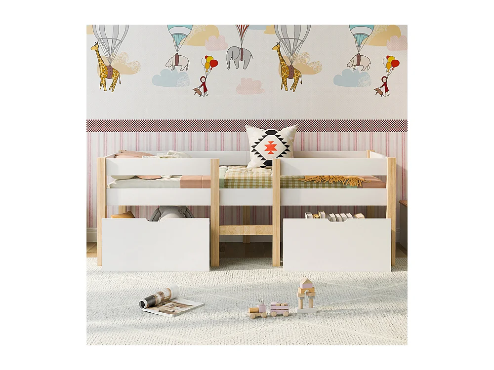 Lit jeune lit 90x200 cm lit 2 tiroirs lit enfant à lattes en bois lit protection contre les chutes lit simple bois massif blanc