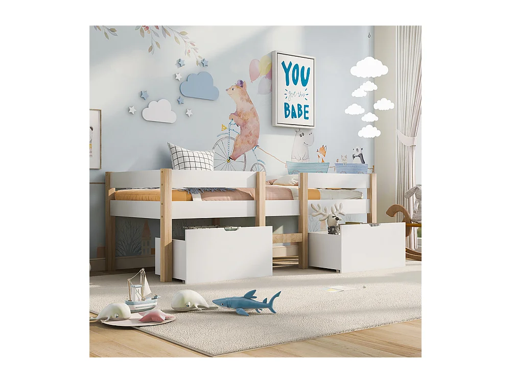 Lit jeune lit 90x200 cm lit 2 tiroirs lit enfant à lattes en bois lit protection contre les chutes lit simple bois massif blanc