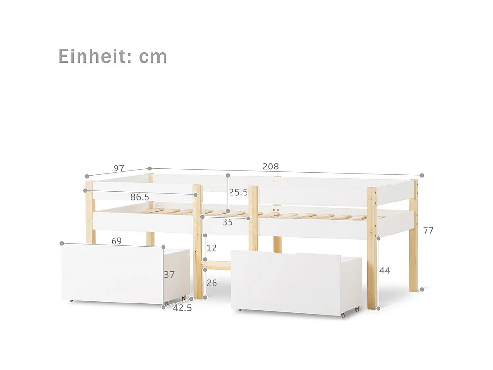 Lit jeune lit 90x200 cm lit 2 tiroirs lit enfant à lattes en bois lit protection contre les chutes lit simple bois massif blanc