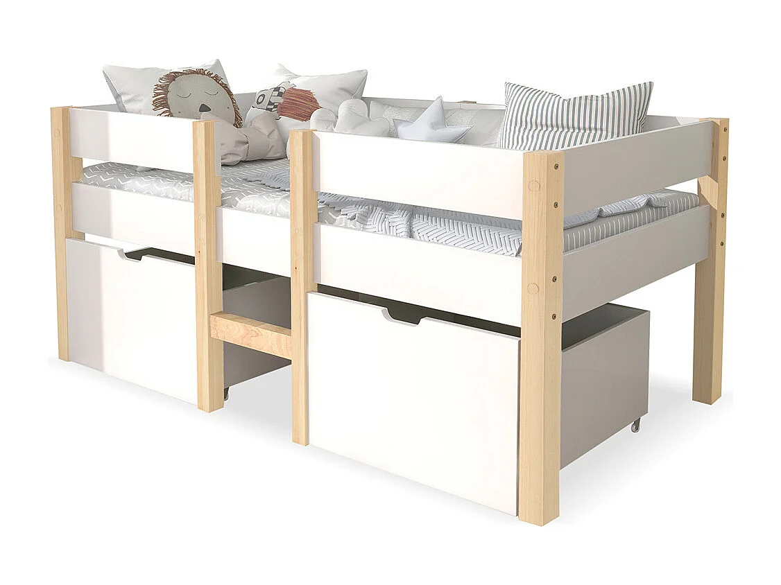 Lit jeune lit 90x200 cm lit 2 tiroirs lit enfant à lattes en bois lit protection contre les chutes lit simple bois massif blanc