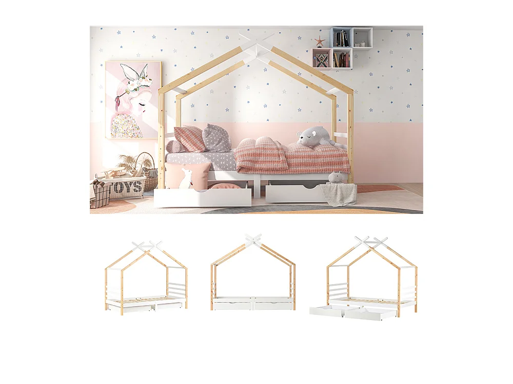 Lit jeune lit 90x200 cm avec tiroirs lit bois massifsommier à lattes lit simple bois massif blanc