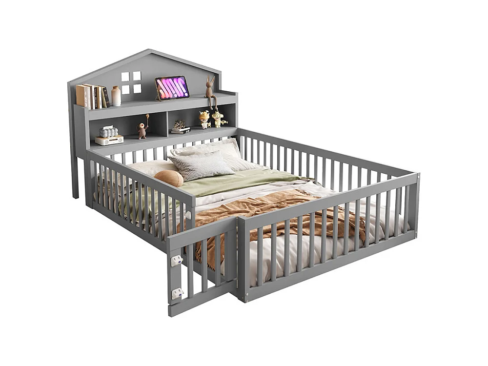 Lit d'enfant 140x200cm, avec espace de rangement, étagères, cimaise, barrière de sécurité et porte, cadre en bois massif, avec sommier à lattes, gris