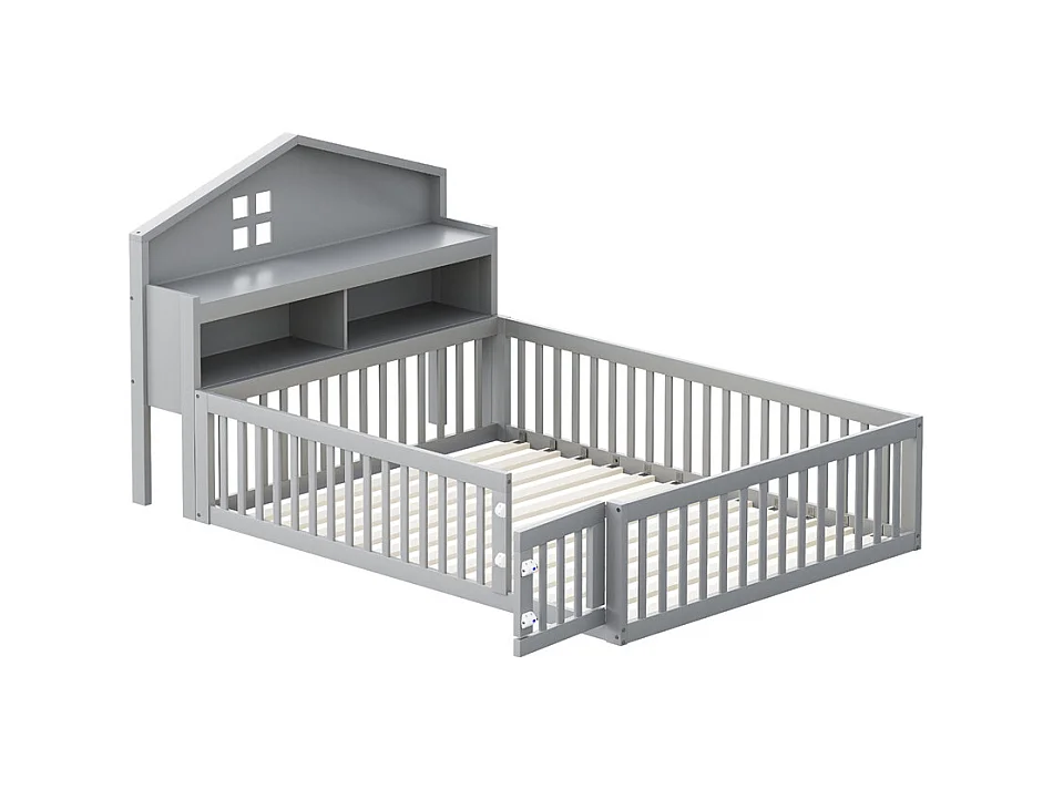 Lit d'enfant 140x200cm, avec espace de rangement, étagères, cimaise, barrière de sécurité et porte, cadre en bois massif, avec sommier à lattes, gris