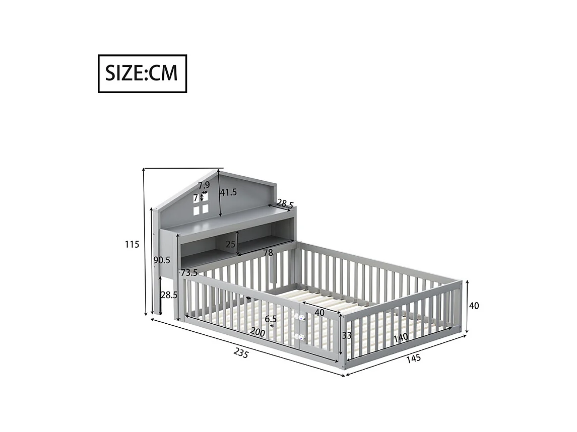 Lit d'enfant 140x200cm, avec espace de rangement, étagères, cimaise, barrière de sécurité et porte, cadre en bois massif, avec sommier à lattes, gris