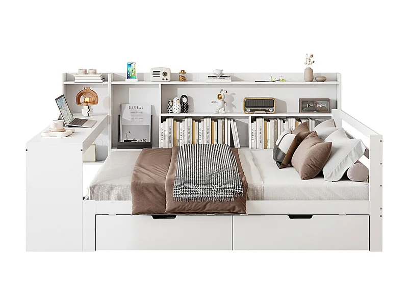 Lit jeune lit 140x200cm lit double en bois avec bureau, étagères et prise de courant bois massif blanc