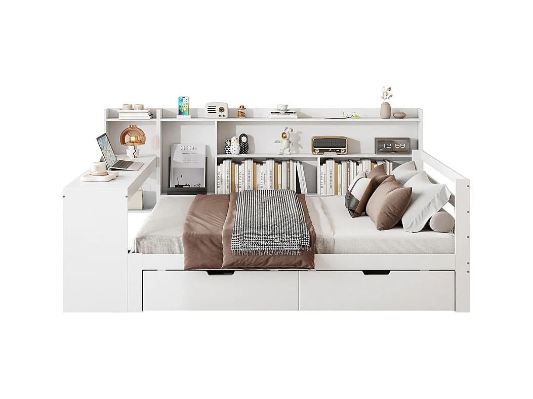 Lit jeune lit 140x200cm lit double en bois avec bureau, étagères et prise de courant bois massif blanc