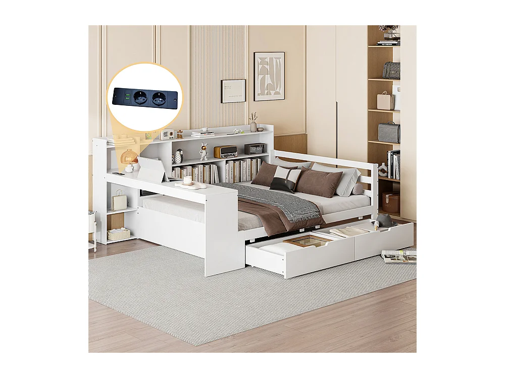 Lit jeune lit 140x200cm lit double en bois avec bureau, étagères et prise de courant bois massif blanc