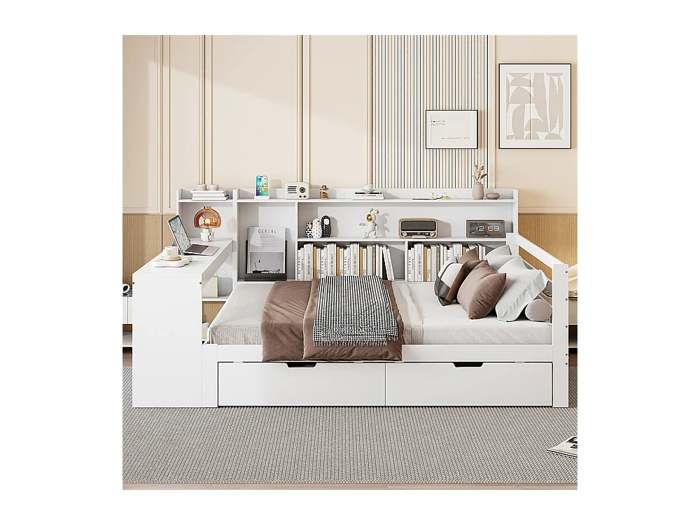 Lit jeune lit 140x200cm lit double en bois avec bureau, étagères et prise de courant bois massif blanc