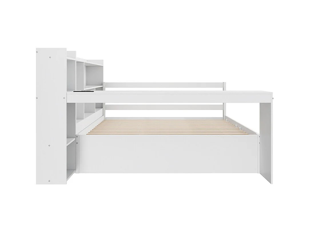 Lit jeune lit 140x200cm lit double en bois avec bureau, étagères et prise de courant bois massif blanc