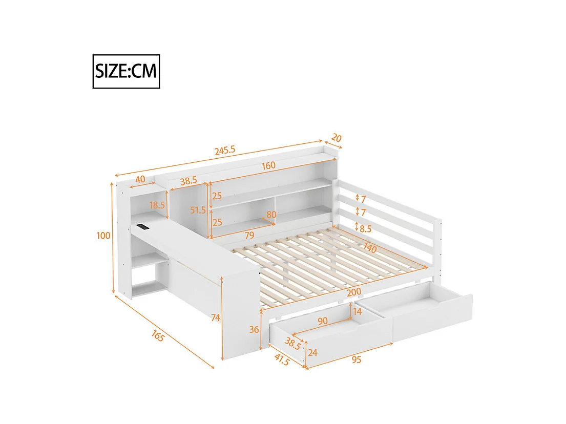 Lit jeune lit 140x200cm lit double en bois avec bureau, étagères et prise de courant bois massif blanc