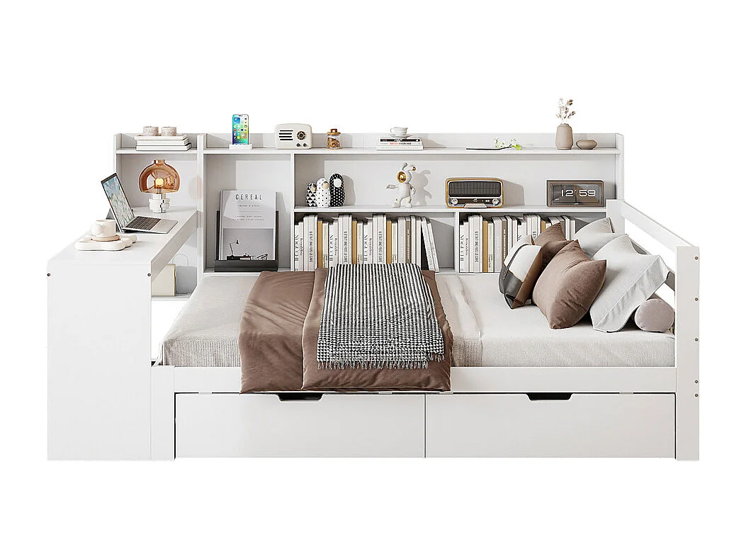 Lit jeune lit 140x200cm lit double en bois avec bureau, étagères et prise de courant bois massif blanc
