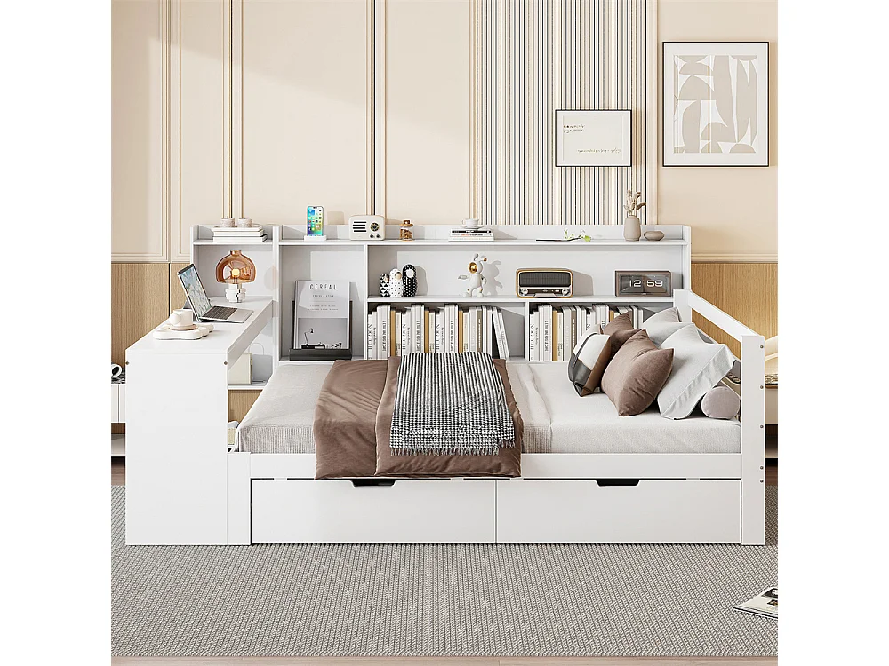 Lit jeune lit 140x200cm lit double en bois avec bureau, étagères et prise de courant bois massif blanc