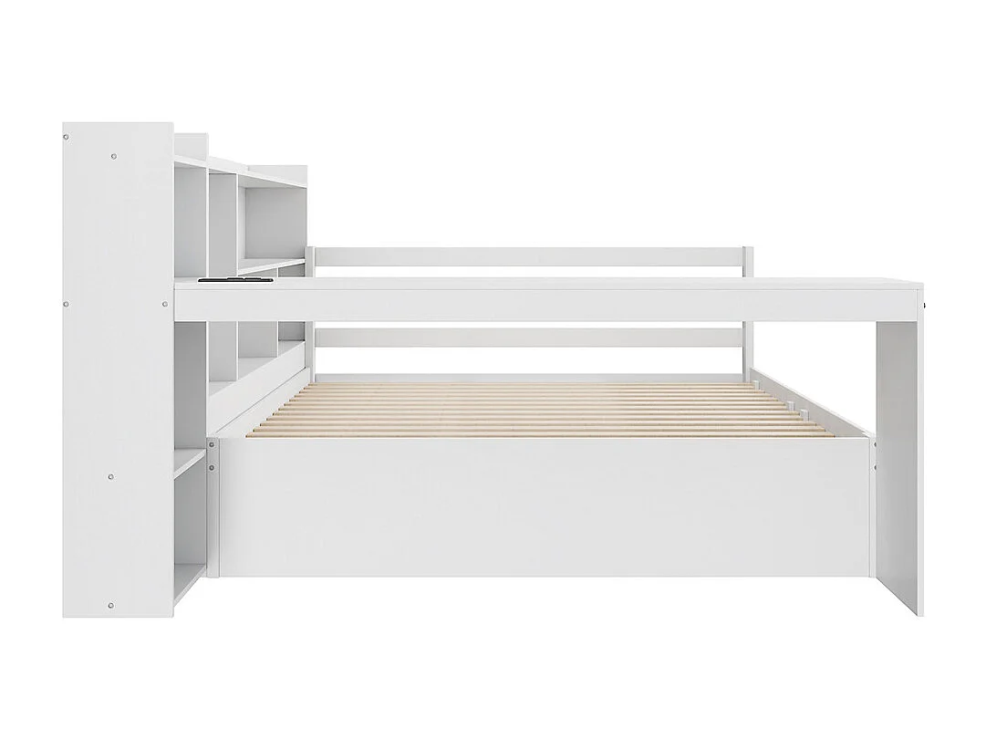 Lit jeune lit 140x200cm lit double en bois avec bureau, étagères et prise de courant bois massif blanc