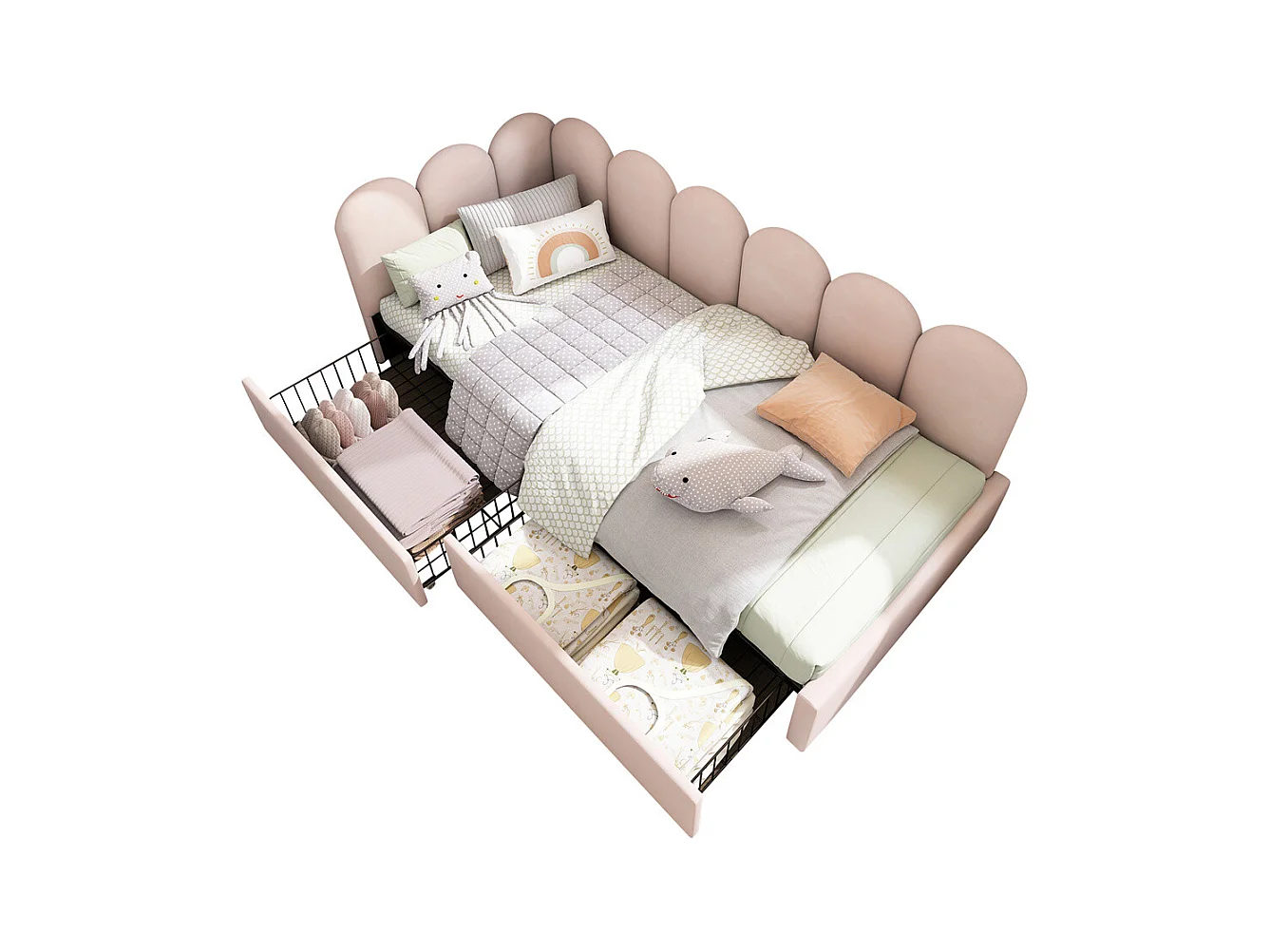 Lit d'enfant lit rembourré 90x200cm, lit de rangement avec tiroirs et sommier à lattes, lit simple, velours, rose(sans matelas)