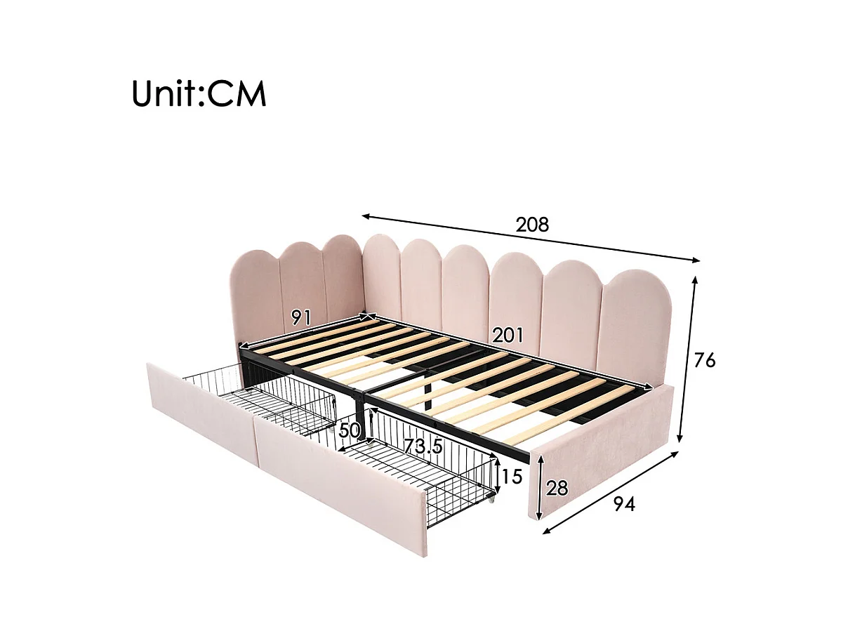Lit d'enfant lit rembourré 90x200cm, lit de rangement avec tiroirs et sommier à lattes, lit simple, velours, rose(sans matelas)