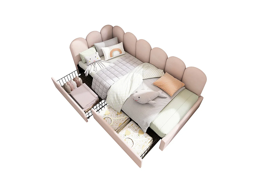 Lit d'enfant lit rembourré 90x200cm, lit de rangement avec tiroirs et sommier à lattes, lit simple, velours, rose(sans matelas)