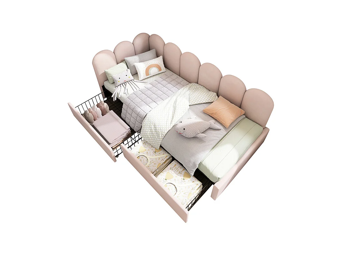 Lit d'enfant lit rembourré 90x200cm, lit de rangement avec tiroirs et sommier à lattes, lit simple, velours, rose(sans matelas)
