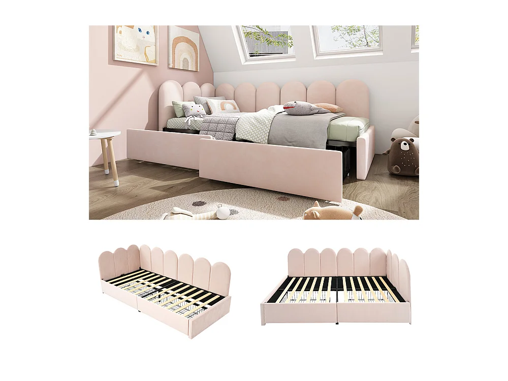 Lit d'enfant lit rembourré 90x200cm, lit de rangement avec tiroirs et sommier à lattes, lit simple, velours, rose(sans matelas)