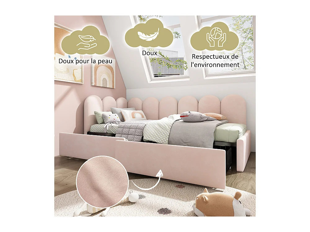 Lit d'enfant lit rembourré 90x200cm, lit de rangement avec tiroirs et sommier à lattes, lit simple, velours, rose(sans matelas)
