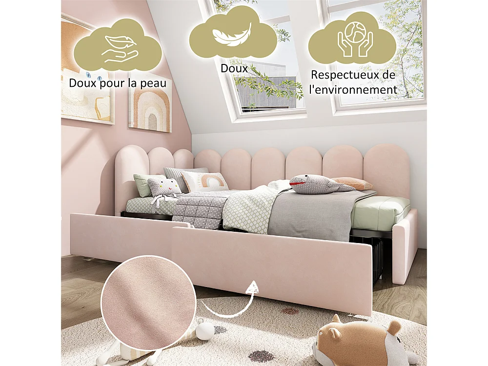 Lit d'enfant lit rembourré 90x200cm, lit de rangement avec tiroirs et sommier à lattes, lit simple, velours, rose(sans matelas)