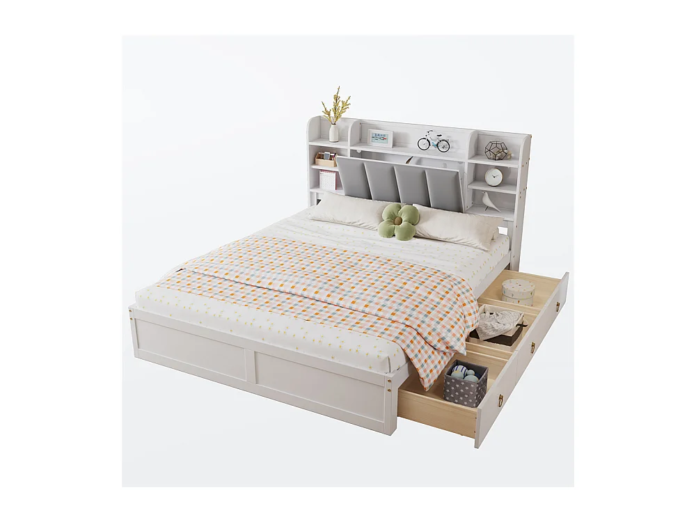 Lit jeune lit 160x200 cm avec 3 tiroirs et étagère ouverte pin blanc+gris