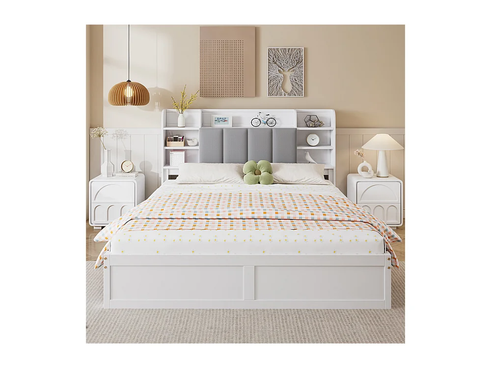 Lit jeune lit 160x200 cm avec 3 tiroirs et étagère ouverte pin blanc+gris