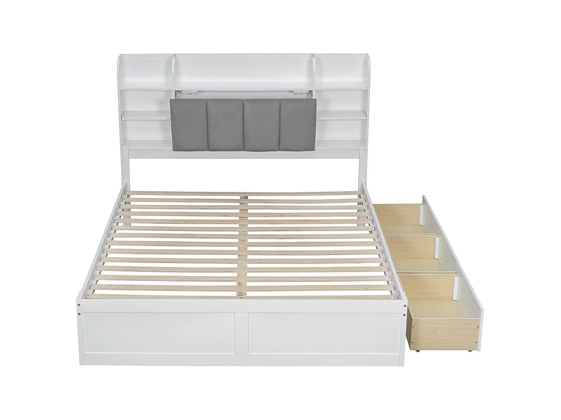 Lit jeune lit 160x200 cm avec 3 tiroirs et étagère ouverte pin blanc+gris