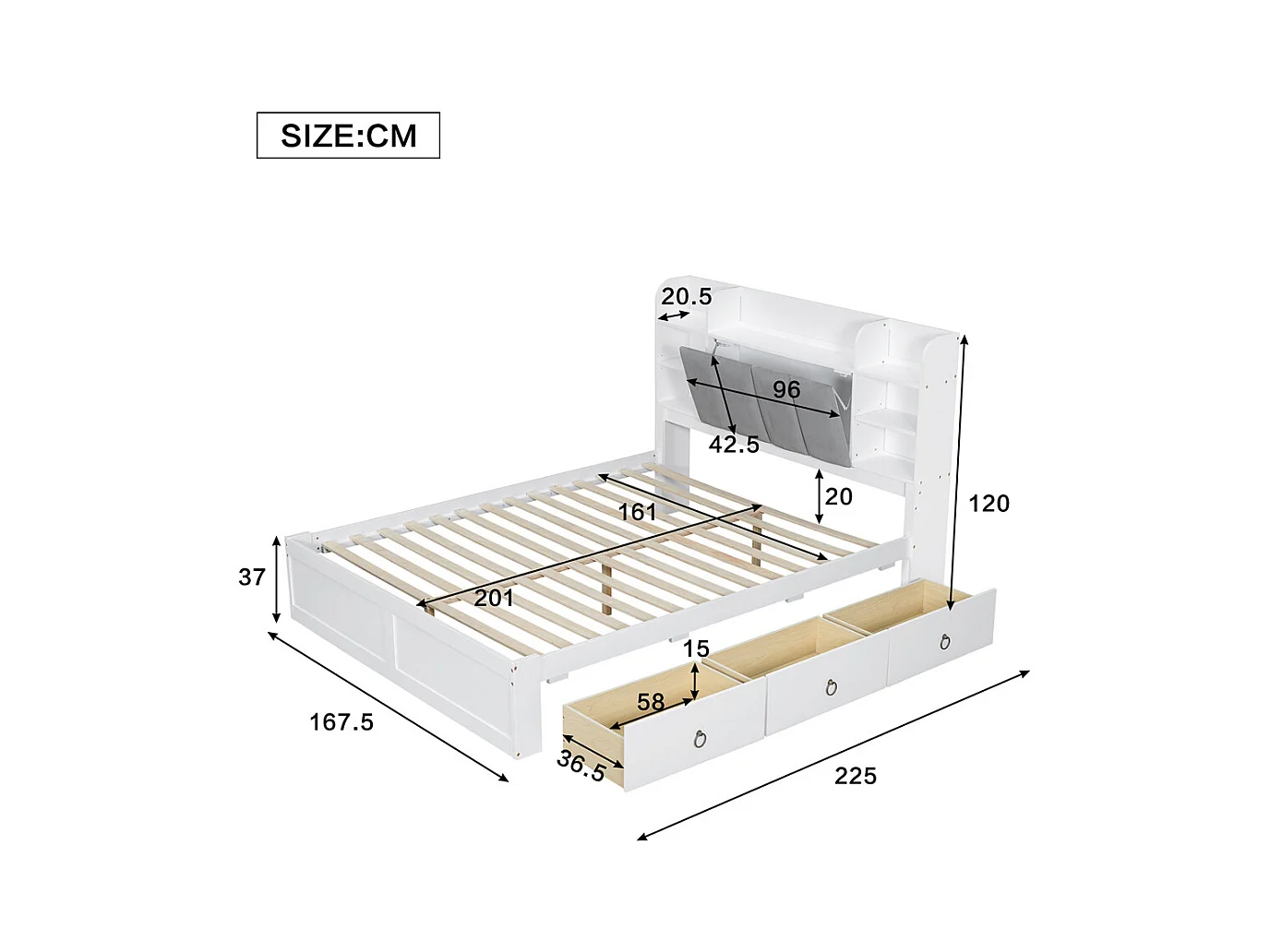 Lit jeune lit 160x200 cm avec 3 tiroirs et étagère ouverte pin blanc+gris