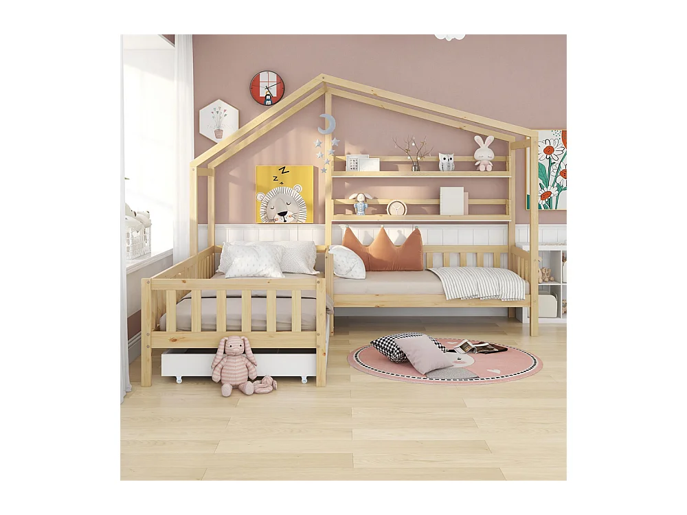 Lit jeune lit 90x200 cm+140x70cm avec tiroirs et étagères avec clôture avec sommier à lattes lit simple bois massif naturel