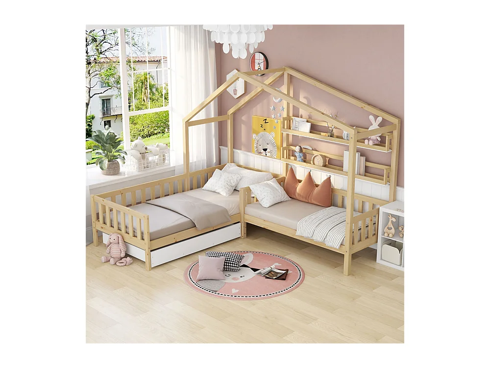 Lit jeune lit 90x200 cm+140x70cm avec tiroirs et étagères avec clôture avec sommier à lattes lit simple bois massif naturel