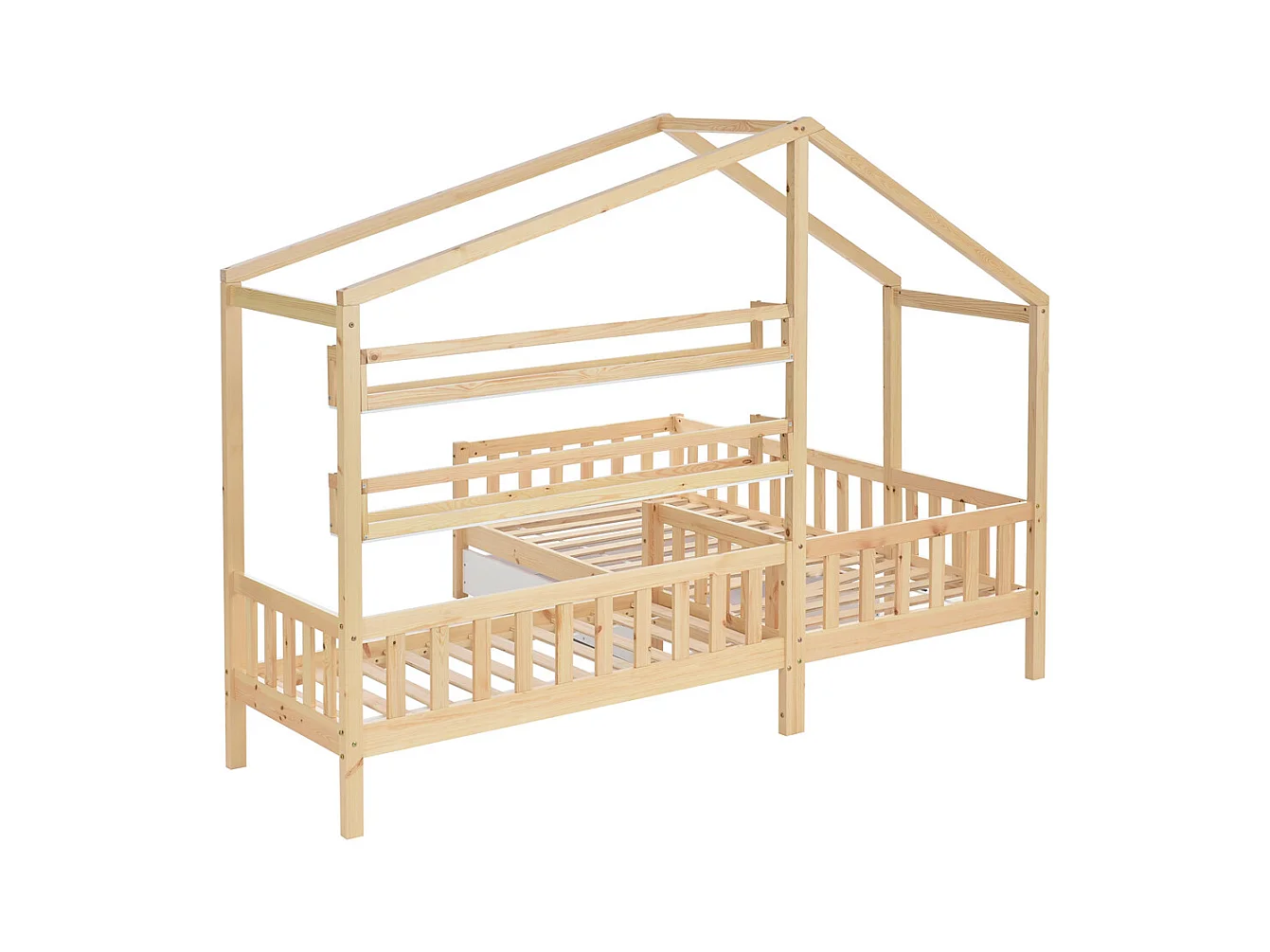 Lit jeune lit 90x200 cm+140x70cm avec tiroirs et étagères avec clôture avec sommier à lattes lit simple bois massif naturel