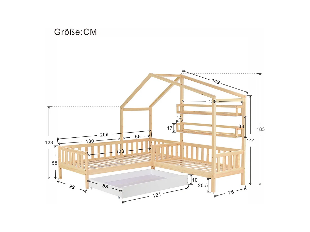 Lit jeune lit 90x200 cm+140x70cm avec tiroirs et étagères avec clôture avec sommier à lattes lit simple bois massif naturel