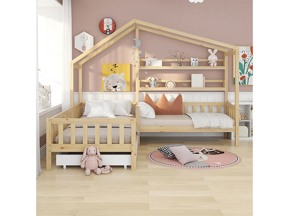 Lit jeune lit 90x200 cm+140x70cm avec tiroirs et étagères avec clôture avec sommier à lattes lit simple bois massif naturel