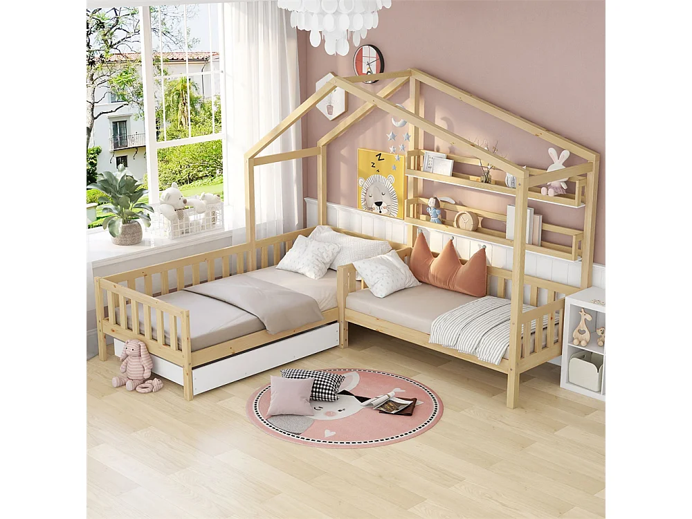 Lit jeune lit 90x200 cm+140x70cm avec tiroirs et étagères avec clôture avec sommier à lattes lit simple bois massif naturel