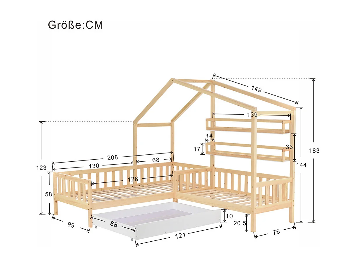 Lit jeune lit 90x200 cm+140x70cm avec tiroirs et étagères avec clôture avec sommier à lattes lit simple bois massif naturel