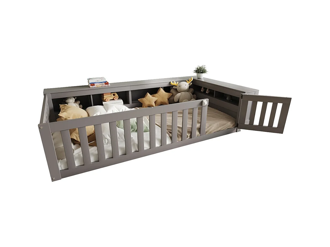 Lit enfant 90 x 200 cm, avec de nombreux rangements et espace, lit en bois massif avec sommier à lattes, lit simple, gris