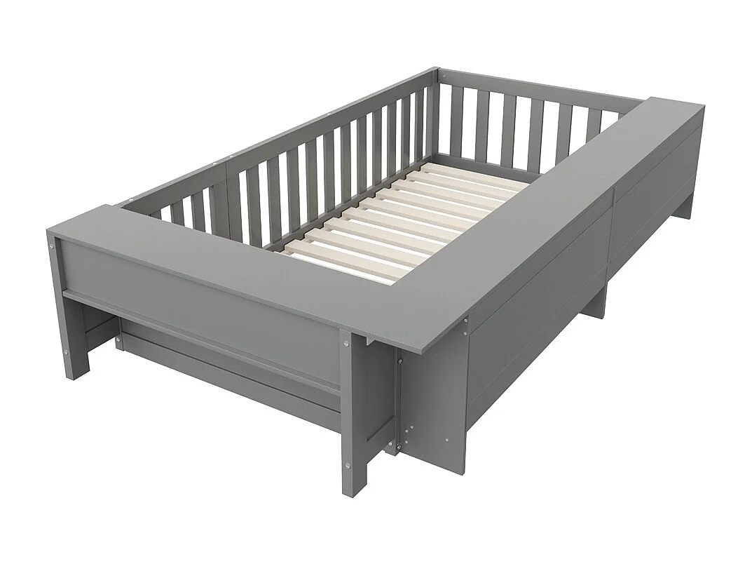 Lit enfant 90 x 200 cm, avec de nombreux rangements et espace, lit en bois massif avec sommier à lattes, lit simple, gris